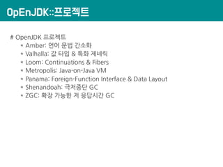 OpEnJDK::프로젝트
# OpenJDK 프로젝트
* Amber: 언어 문법 간소화
* Valhalla: 값 타입 & 특화 제네릭
* Loom: Continuations & Fibers
* Metropolis: Java-on-Java VM
* Panama: Foreign-Function Interface & Data Layout
* Shenandoah: 극저중단 GC
* ZGC: 확장 가능한 저 응답시간 GC
 