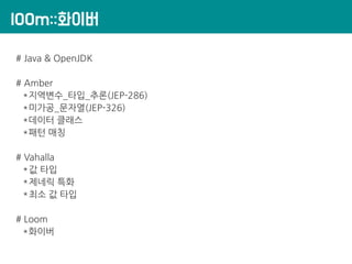 lOOm::화이버
# Java & OpenJDK
# Amber
*지역변수_타입_추론(JEP-286)
*미가공_문자열(JEP-326)
*데이터 클래스
*패턴 매칭
# Vahalla
*값 타입
*제네릭 특화
*최소 값 타입
# Loom
*화이버
 