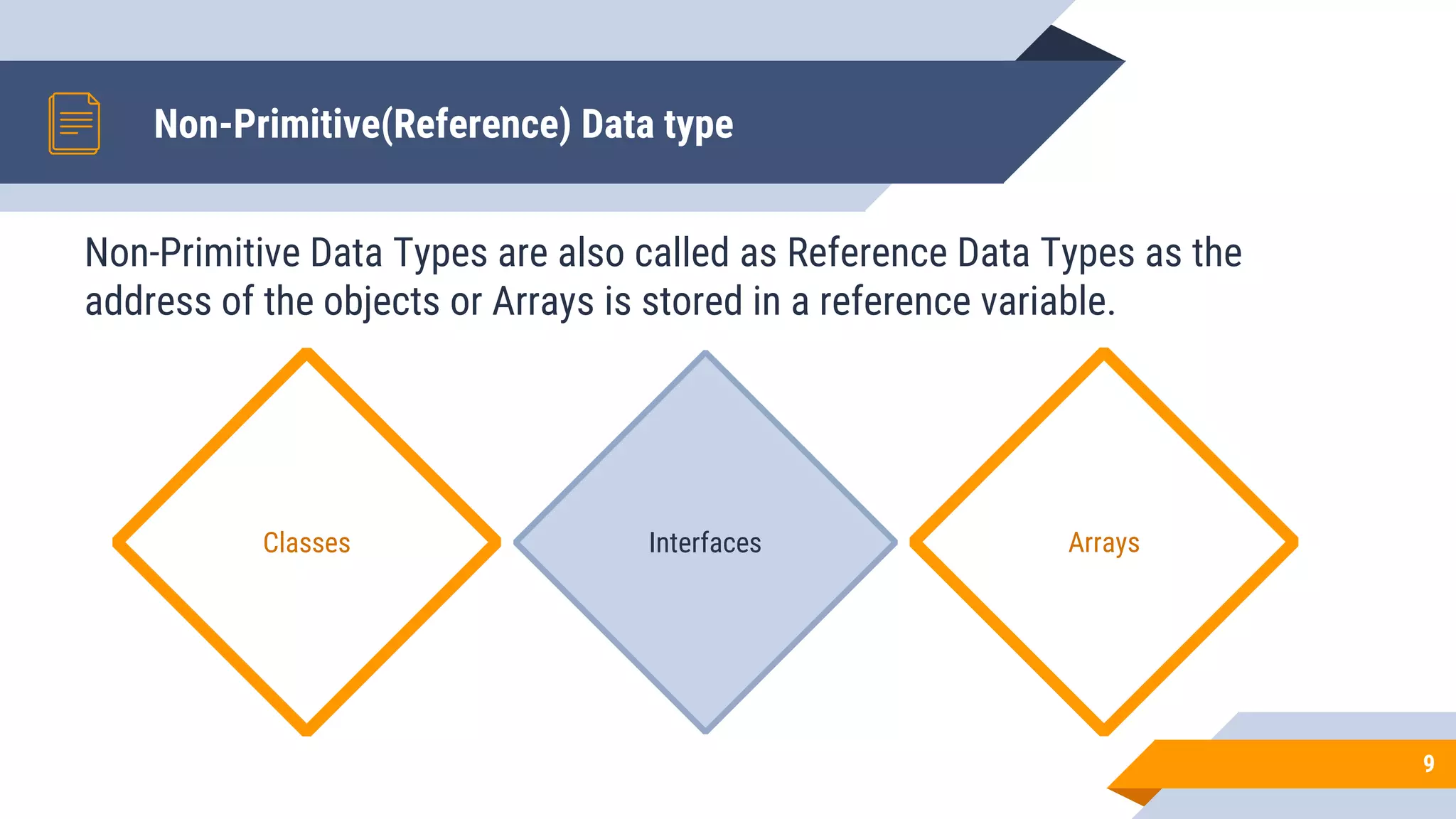 Non-Primitive(Reference) Data type
9
Non-Primitive Data Types are also called as Reference Data Types as the
address of the objects or Arrays is stored in a reference variable.
InterfacesClasses Arrays
 