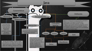 Características
Definición
Java
Java es un lenguaje de programación orientado a
objetos que se incorporó al ámbito de la
informática en los años noventa. La idea
de Java es que pueda realizarse programas con la
posibilidad de ejecutarse en cualquier contexto,
en cualquier ambiente, siendo así su portabilidad
uno de sus principales logros.
Abstracción
Herencia
Polimorfismo
Encapsulación.
Con el uso de la
herencia puedes
crear una clase
general para
definir los
atributos comunes
de objetos
relacionados
En Java una variable o nombre usado
para referirse a un objeto de una clase X
puede usarse para referirse a cualquier
objeto de cualquier subclase de la clase
X.
es una clase que no se puede
instanciar se usa únicamente
para definir subclases.
Este concepto consiste en la
ocultación del estado o de
los datos miembro de un
objeto, de forma que sólo es
posible modificar los
mismos mediante los
métodos definidos para
dicho objeto.
Conceptos
básicos.
atributoclases objetos
Felino
Mandíbulas
Gato
 