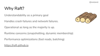 @metanet
Understandability as a primary goal
Handles crash failures and network failures.
Operational as long as the majority is up.
Runtime concerns (snapshotting, dynamic membership)
Performance optimizations (fast reads, batching)
https://raft.github.io
Why Raft?
 