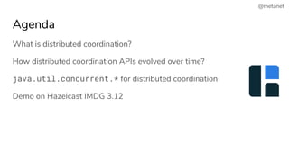 @metanet
Agenda
What is distributed coordination?
How distributed coordination APIs evolved over time?
java.util.concurrent.* for distributed coordination
Demo on Hazelcast IMDG 3.12
 