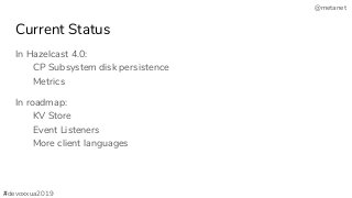 @metanet
Current Status
In Hazelcast 4.0:
CP Subsystem disk persistence
Metrics
In roadmap:
KV Store
Event Listeners
More client languages
#devoxxua2019
 