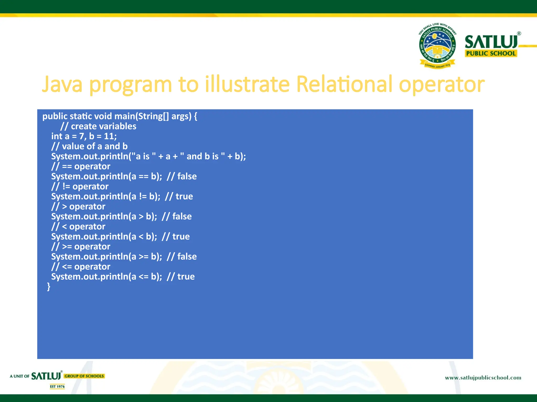 Java program to illustrate Relational operator
public static void main(String[] args) {
// create variables
int a = 7, b = 11;
// value of a and b
System.out.println("a is " + a + " and b is " + b);
// == operator
System.out.println(a == b); // false
// != operator
System.out.println(a != b); // true
// > operator
System.out.println(a > b); // false
// < operator
System.out.println(a < b); // true
// >= operator
System.out.println(a >= b); // false
// <= operator
System.out.println(a <= b); // true
}
 