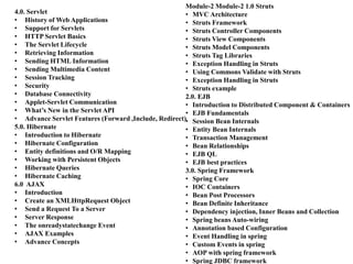 4.0. Servlet
• History of Web Applications
• Support for Servlets
• HTTP Servlet Basics
• The Servlet Lifecycle
• Retrieving Information
• Sending HTML Information
• Sending Multimedia Content
• Session Tracking
• Security
• Database Connectivity
• Applet-Servlet Communication
• What’s New in the Servlet API
• Advance Servlet Features (Forward ,Include, Redirect)
5.0. Hibernate
• Introduction to Hibernate
• Hibernate Configuration
• Entity definitions and O/R Mapping
• Working with Persistent Objects
• Hibernate Queries
• Hibernate Caching
6.0 AJAX
• Introduction
• Create an XMLHttpRequest Object
• Send a Request To a Server
• Server Response
• The onreadystatechange Event
• AJAX Examples
• Advance Concepts
Module-2 Module-2 1.0 Struts
• MVC Architecture
• Struts Framework
• Struts Controller Components
• Struts View Components
• Struts Model Components
• Struts Tag Libraries
• Exception Handling in Struts
• Using Commons Validate with Struts
• Exception Handling in Struts
• Struts example
2.0. EJB
• Introduction to Distributed Component & Containers
• EJB Fundamentals
• Session Bean Internals
• Entity Bean Internals
• Transaction Management
• Bean Relationships
• EJB QL
• EJB best practices
3.0. Spring Framework
• Spring Core
• IOC Containers
• Bean Post Processors
• Bean Definite Inheritance
• Dependency injection, Inner Beans and Collection
• Spring beans Auto-wiring
• Annotation based Configuration
• Event Handling in spring
• Custom Events in spring
• AOP with spring framework
• Spring JDBC framework
 