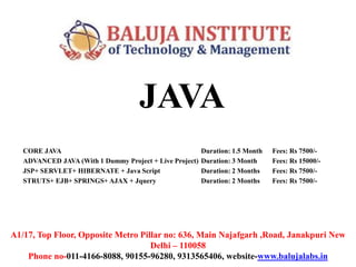 JAVA
CORE JAVA Duration: 1.5 Month Fees: Rs 7500/-
ADVANCED JAVA (With 1 Dummy Project + Live Project) Duration: 3 Month Fees: Rs 15000/-
JSP+ SERVLET+ HIBERNATE + Java Script Duration: 2 Months Fees: Rs 7500/-
STRUTS+ EJB+ SPRINGS+ AJAX + Jquery Duration: 2 Months Fees: Rs 7500/-
A1/17, Top Floor, Opposite Metro Pillar no: 636, Main Najafgarh ,Road, Janakpuri New
Delhi – 110058
Phone no-011-4166-8088, 90155-96280, 9313565406, website-www.balujalabs.in
 