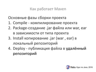 Курс по Java, 2016
Основные фазы сборки проекта
1. Compile - компилирование проекта
2. Package-создание .jar файла или war, ear
в зависимости от типа проекта
3. Install копирование .jar (war , ear) в
локальный репозиторий
4. Deploy - публикация файла в удалённый
репозиторий
Как работает Maven
 