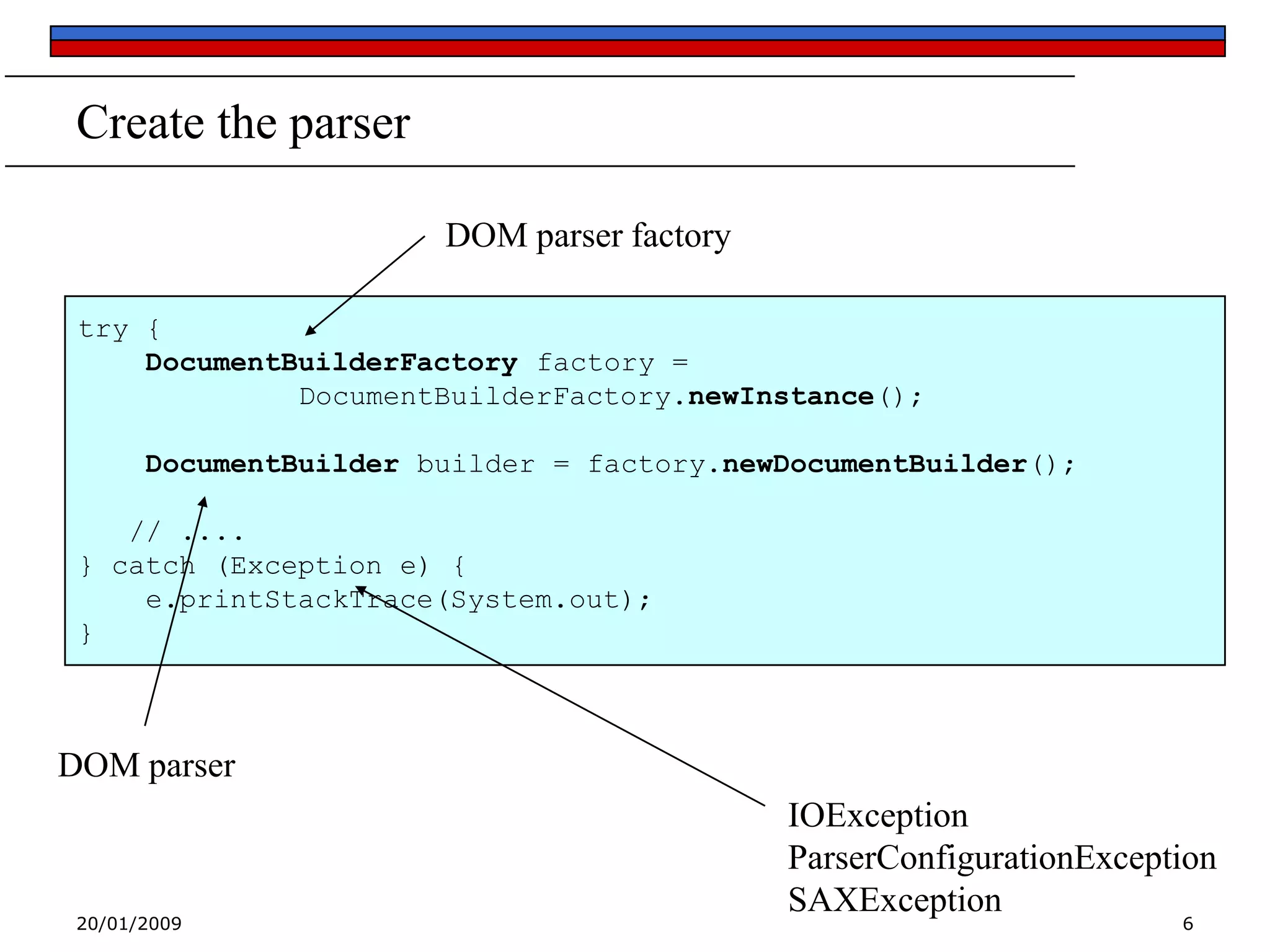 Create the parser
DOM parser factory
try {
DocumentBuilderFactory factory =
DocumentBuilderFactory.newInstance();

DocumentBuilder builder = factory.newDocumentBuilder();
// ....
} catch (Exception e) {
e.printStackTrace(System.out);
}

DOM parser

20/01/2009

IOException
ParserConfigurationException
SAXException
6

 