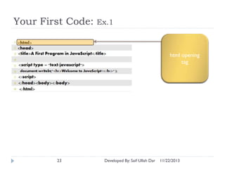 Your First Code:

Ex.1

html opening
tag

23

Developed By: Saif Ullah Dar

11/22/2013

 