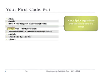Your First Code:

Ex.1
<script> tag: Indicate
that the text is part of a
script

26

Developed By: Saif Ullah Dar

11/22/2013

 
