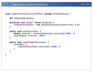 Taxonomy of GroovyTestCase

Spock Testing

 