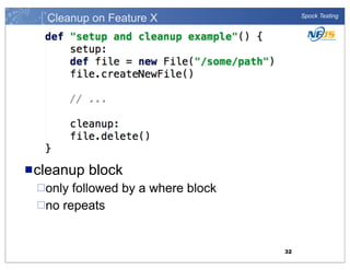 Cleanup on Feature X

n cleanup

Spock Testing

block

¨only

followed by a where block
¨no repeats

32

 