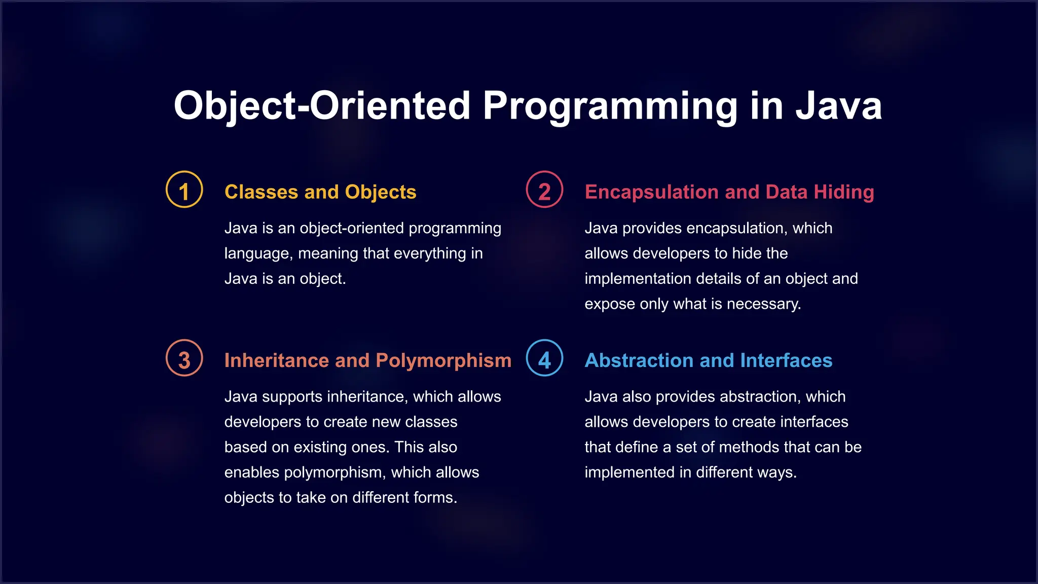 Object-Oriented Programming in Java
1 Classes and Objects
Java is an object-oriented programming
language, meaning that everything in
Java is an object.
2 Encapsulation and Data Hiding
Java provides encapsulation, which
allows developers to hide the
implementation details of an object and
expose only what is necessary.
3 Inheritance and Polymorphism
Java supports inheritance, which allows
developers to create new classes
based on existing ones. This also
enables polymorphism, which allows
objects to take on different forms.
4 Abstraction and Interfaces
Java also provides abstraction, which
allows developers to create interfaces
that define a set of methods that can be
implemented in different ways.
 