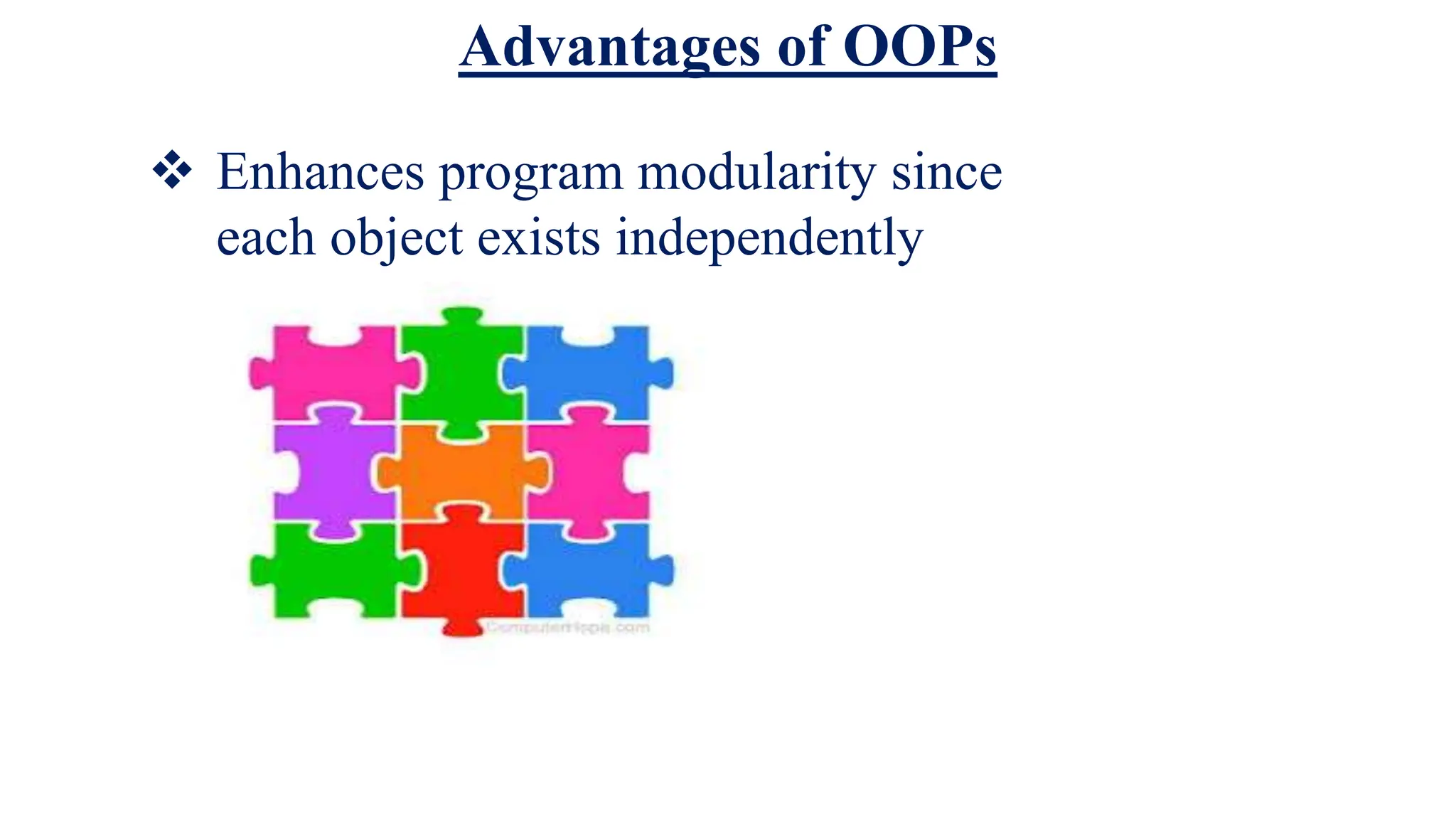Advantages of OOPs
 Enhances program modularity since
each object exists independently
 