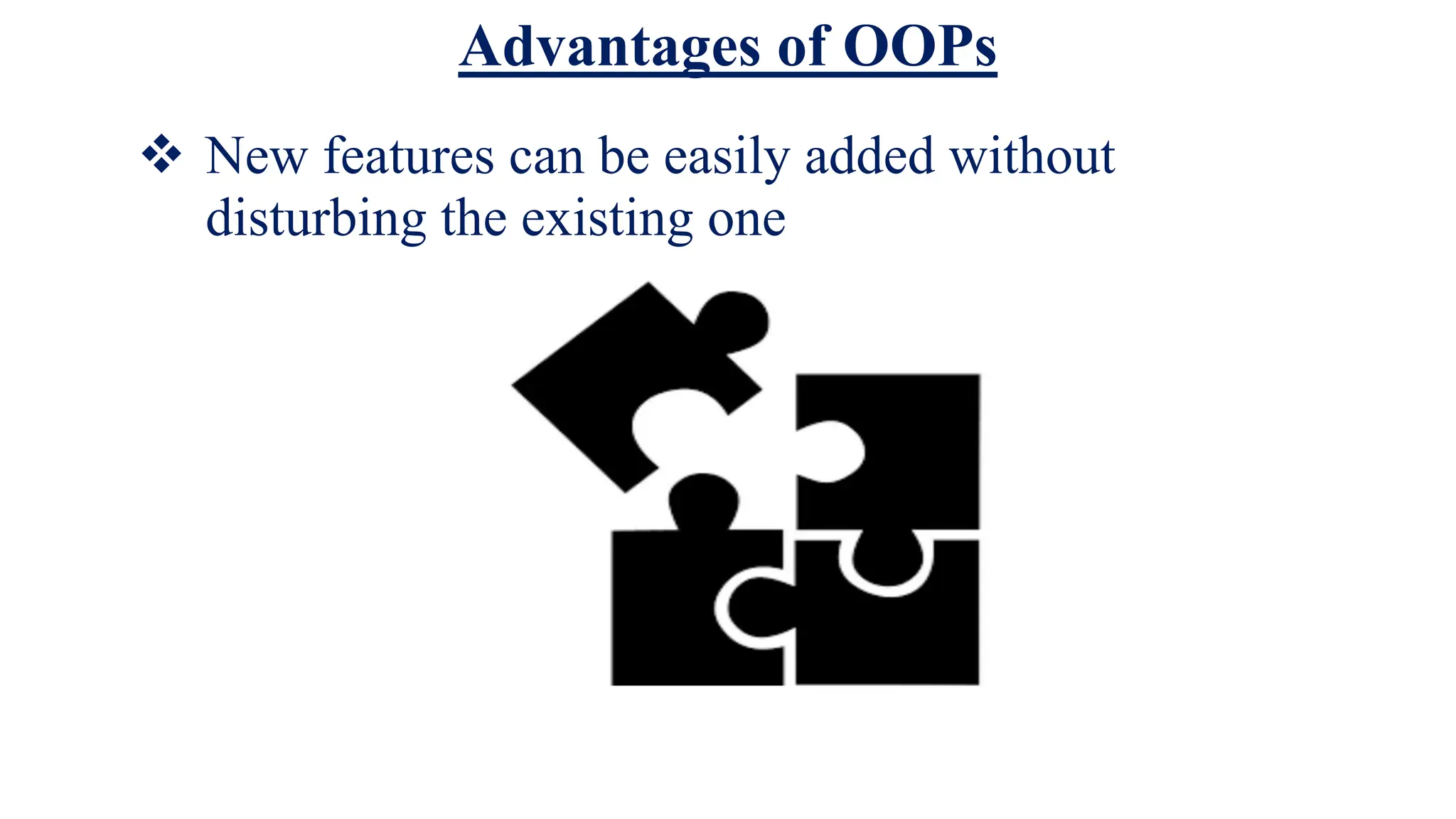 Advantages of OOPs
 New features can be easily added without
disturbing the existing one
 