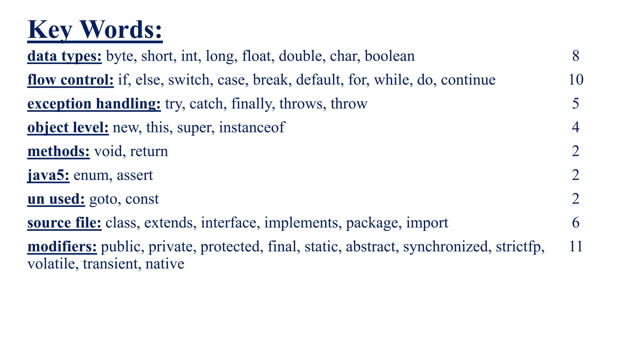 Key Words:
data types: byte, short, int, long, float, double, char, boolean 8
flow control: if, else, switch, case, break, default, for, while, do, continue 10
exception handling: try, catch, finally, throws, throw 5
object level: new, this, super, instanceof 4
methods: void, return 2
java5: enum, assert 2
un used: goto, const 2
source file: class, extends, interface, implements, package, import 6
modifiers: public, private, protected, final, static, abstract, synchronized, strictfp, 11
volatile, transient, native
 