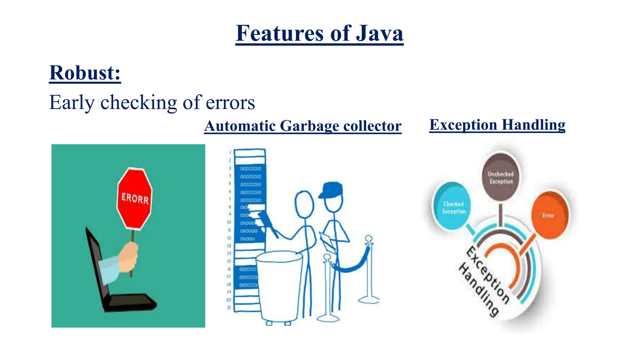 Features of Java
Robust:
Early checking of errors
Automatic Garbage collector Exception Handling
 