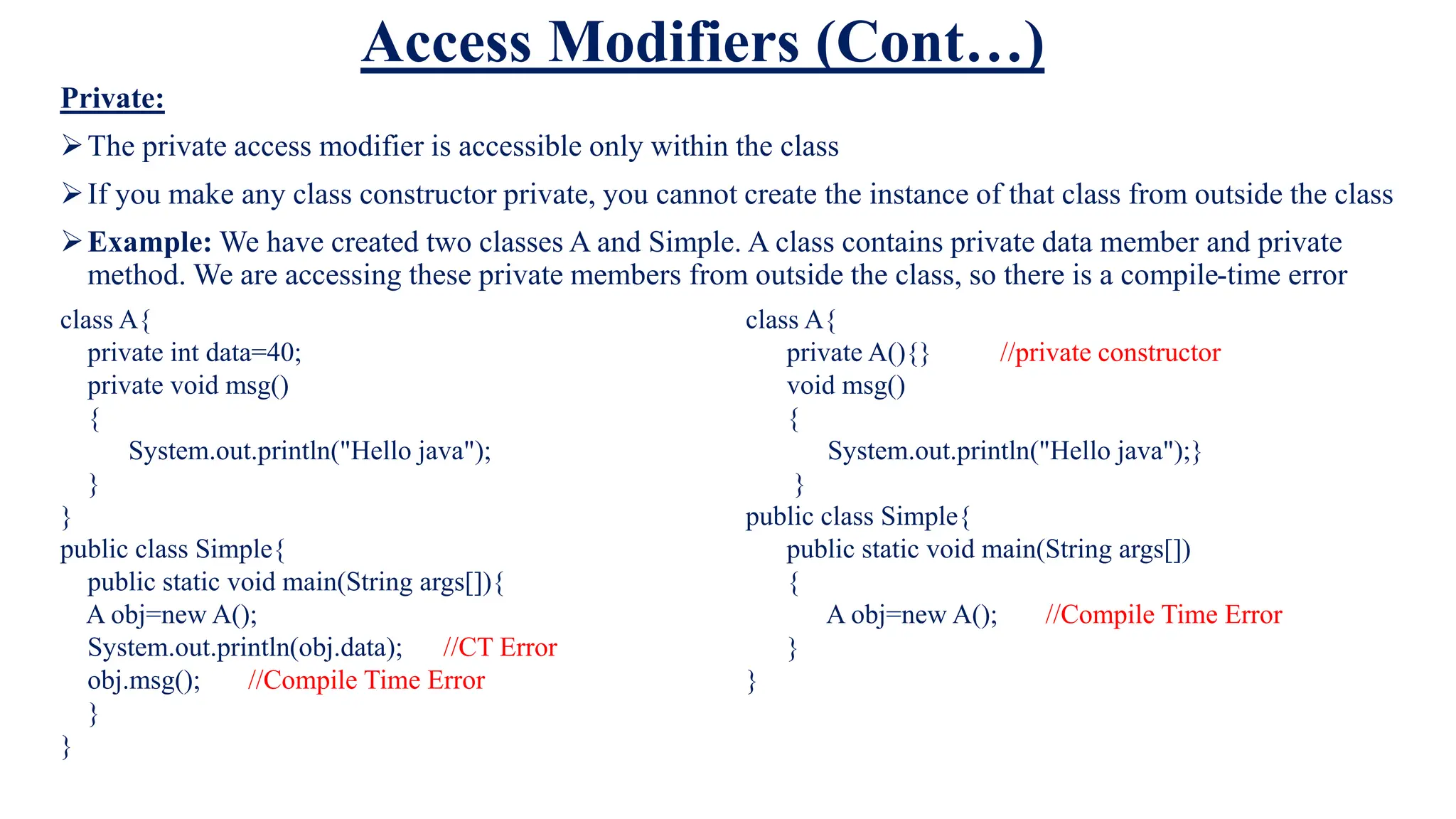 Access Modifiers (Cont…)
Private:
The private access modifier is accessible only within the class
If you make any class constructor private, you cannot create the instance of that class from outside the class
Example: We have created two classes A and Simple. A class contains private data member and private
method. We are accessing these private members from outside the class, so there is a compile-time error
class A{
private int data=40;
private void msg()
{
System.out.println("Hello java");
}
}
public class Simple{
public static void main(String args[]){
A obj=new A();
System.out.println(obj.data); //CT Error
obj.msg(); //Compile Time Error
}
}
class A{
private A(){} //private constructor
void msg()
{
System.out.println("Hello java");}
}
public class Simple{
public static void main(String args[])
{
A obj=new A(); //Compile Time Error
}
}
 