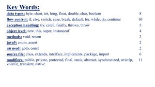 Key Words:
data types: byte, short, int, long, float, double, char, boolean 8
flow control: if, else, switch, case, break, default, for, while, do, continue 10
exception handling: try, catch, finally, throws, throw 5
object level: new, this, super, instanceof 4
methods: void, return 2
java5: enum, assert 2
un used: goto, const 2
source file: class, extends, interface, implements, package, import 6
modifiers: public, private, protected, final, static, abstract, synchronized, strictfp, 11
volatile, transient, native
 