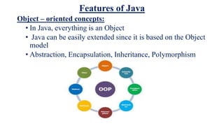 Features of Java
Object – oriented concepts:
• In Java, everything is an Object
• Java can be easily extended since it is based on the Object
model
• Abstraction, Encapsulation, Inheritance, Polymorphism
 