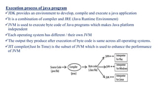 Execution process of java program
JDK provides an environment to develop, compile and execute a java application
It is a combination of compiler and JRE (Java Runtime Environment)
JVM is used to execute byte code of Java programs which makes Java platform
independent
Each operating system has different / their own JVM
The output they produce after execution of byte code is same across all operating systems.
JIT compiler(Just In Time) is the subset of JVM which is used to enhance the performance
of JVM
 