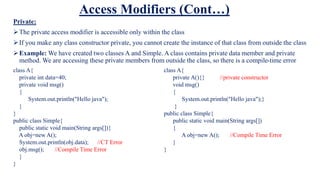 Access Modifiers (Cont…)
Private:
The private access modifier is accessible only within the class
If you make any class constructor private, you cannot create the instance of that class from outside the class
Example: We have created two classes A and Simple. A class contains private data member and private
method. We are accessing these private members from outside the class, so there is a compile-time error
class A{
private int data=40;
private void msg()
{
System.out.println("Hello java");
}
}
public class Simple{
public static void main(String args[]){
A obj=new A();
System.out.println(obj.data); //CT Error
obj.msg(); //Compile Time Error
}
}
class A{
private A(){} //private constructor
void msg()
{
System.out.println("Hello java");}
}
public class Simple{
public static void main(String args[])
{
A obj=new A(); //Compile Time Error
}
}
 