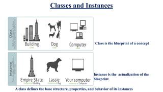Classes and Instances
Class is the blueprint of a concept
Instance is the actualization of the
blueprint
A class defines the base structure, properties, and behavior of its instances
 