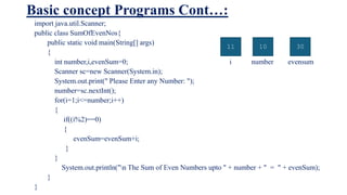 Basic concept Programs Cont…:
import java.util.Scanner;
public class SumOfEvenNos{
public static void main(String[] args)
{
int number,i,evenSum=0; i number evensum
Scanner sc=new Scanner(System.in);
System.out.print(" Please Enter any Number: ");
number=sc.nextInt();
for(i=1;i<=number;i++)
{
if((i%2)==0)
{
evenSum=evenSum+i;
}
}
System.out.println("n The Sum of Even Numbers upto " + number + " = " + evenSum);
}
}
11 10 30
 