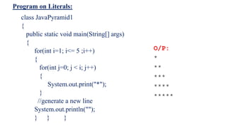 Program on Literals:
O/P:
*
**
***
****
*****
class JavaPyramid1
{
public static void main(String[] args)
{
for(int i=1; i<= 5 ;i++)
{
for(int j=0; j < i; j++)
{
System.out.print("*");
}
//generate a new line
System.out.println("");
} } }
 