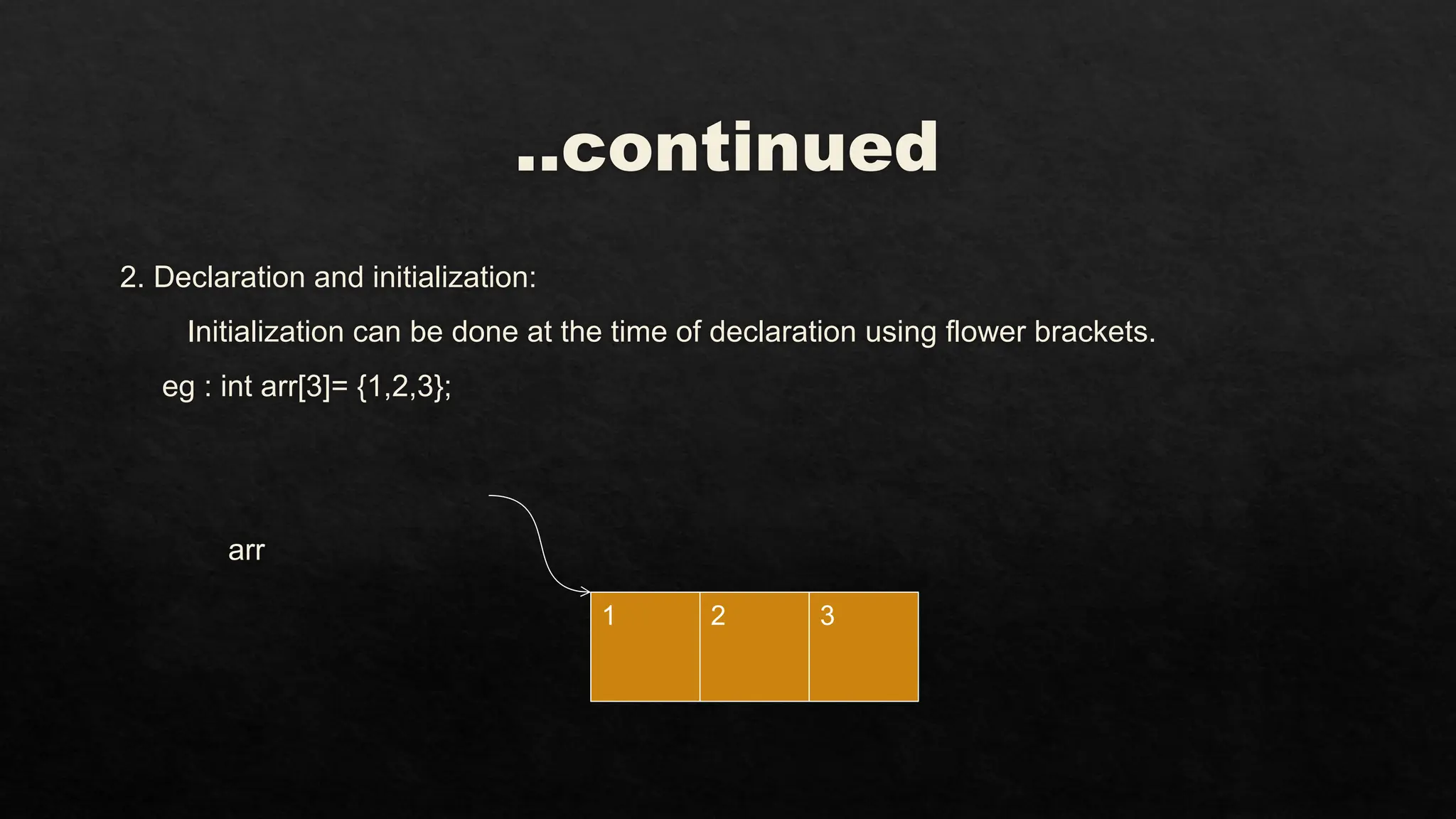 ..continued
2. Declaration and initialization:
Initialization can be done at the time of declaration using flower brackets.
eg : int arr[3]= {1,2,3};
arr
1 2 3
 