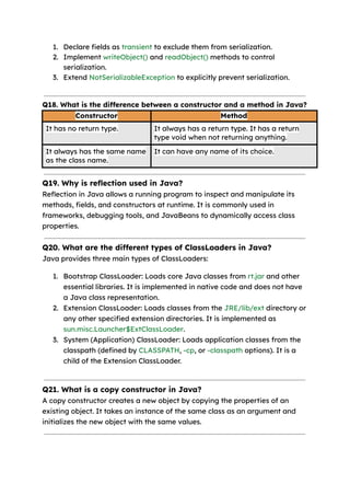 1. Declare fields as transient to exclude them from serialization.
2. Implement writeObject() and readObject() methods to control
serialization.
3. Extend NotSerializableException to explicitly prevent serialization.
Q18. What is the difference between a constructor and a method in Java?
Constructor Method
It has no return type. It always has a return type. It has a return
type void when not returning anything.
It always has the same name
as the class name.
It can have any name of its choice.
Q19. Why is reflection used in Java?
Reflection in Java allows a running program to inspect and manipulate its
methods, fields, and constructors at runtime. It is commonly used in
frameworks, debugging tools, and JavaBeans to dynamically access class
properties.
Q20. What are the different types of ClassLoaders in Java?
Java provides three main types of ClassLoaders:
1. Bootstrap ClassLoader: Loads core Java classes from rt.jar and other
essential libraries. It is implemented in native code and does not have
a Java class representation.
2. Extension ClassLoader: Loads classes from the JRE/lib/ext directory or
any other specified extension directories. It is implemented as
sun.misc.Launcher$ExtClassLoader.
3. System (Application) ClassLoader: Loads application classes from the
classpath (defined by CLASSPATH, -cp, or -classpath options). It is a
child of the Extension ClassLoader.
Q21. What is a copy constructor in Java?
A copy constructor creates a new object by copying the properties of an
existing object. It takes an instance of the same class as an argument and
initializes the new object with the same values.
 