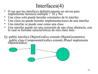 39
Interfaces(4)
• O sea que las interfaces definitivamente no sirven para
implementar herencia múltiple ? SI y No:
• Una clase solo puede heredar constantes de la interfaz
• Una clase no puede heredar implementaciones de una interfaz
• Una interfaz se puede usar como una clase
• Una interfaz puede ser una extensión de una clase abstracta, con
lo cual se heredan características de otra clase más:
Ej: public interface ObjetoGrafico extends ObjetoGeometrico
public class ComponenteGrafica extends JPanel implements
ObjetoGráfico:
 