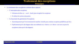 Traitement des exceptions
Principes
• Le traitement des exceptions contient deux aspects:
– L’interception des exceptions
• Utilisation du bloc try – catch – finally pour récupérer les exceptions
• Et réaliser les actions nécessaires
– Le lancement (la génération) d’exceptions
• Automatiquement par l’environnement la machine virtuelle pour certaines exceptions prédéfinies par Java
• Explicitement par le développeur dans une méthode avec « throws » et « throw » (en tout cas pour les
exceptions créées par le développeur)
Programmation JAVA Pr. A.SADIQ 24
 