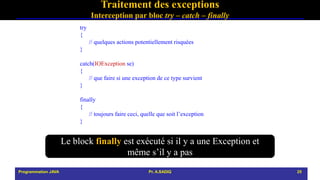 Traitement des exceptions
Interception par bloc try – catch – finally
try
{
// quelques actions potentiellement risquées
}
catch(IOException se)
{
// que faire si une exception de ce type survient
}
finally
{
// toujours faire ceci, quelle que soit l’exception
}
Programmation JAVA Pr. A.SADIQ 25
Le block finally est exécuté si il y a une Exception et
même s’il y a pas
 