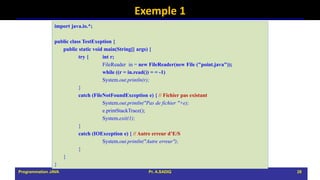 Exemple 1
import java.io.*;
public class TestExeption {
public static void main(String[] args) {
try { int r;
FileReader in = new FileReader(new File ("point.java"));
while ((r = in.read()) = = -1)
System.out.println(r);
}
catch (FileNotFoundException e) { // Fichier pas existant
System.out.println("Pas de fichier "+e);
e.printStackTrace();
System.exit(1);
}
catch (IOException e) { // Autre erreur d’E/S
System.out.println("Autre erreur");
}
}
}
Programmation JAVA Pr. A.SADIQ 28
 