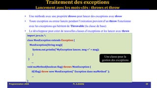 Traitement des exceptions
Lancement avec les mots-clés : throws et throw
• Une méthode avec une propriété throws peut lancer des exceptions avec throw
• Toute exception ou erreur lancée pendant l’exécution provient d’un throw Fonctionne
avec les exceptions qui héritent de Throwable (la classe de base)
• Le développeur peut créer de nouvelles classes d’exceptions et les lancer avec throw
import java.io.*;
class MonException extends Exception {
MonException(String msg){
System.out.println("MyException lancee, msg =" + msg);
}
}
...
void maMethod(boolean flag) throws MonException {
if(!flag) throw new MonException(" Exception dans maMethod" );
…
}
Une classe pour la
gestion des exceptions
Programmation JAVA 29
Pr. A.SADIQ
 
