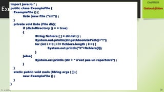 Pr. A.SADIQ
Exemple
38
Gestionde fichiers
CHAPITREVI
import java.io.* ;
public class ExempleFile {
ExempleFile () {
liste (new File ("c:")) ;
}
private void liste (File dir){
if (dir.isDirectory () = = true)
{
String fichiers [ ] = dir.list () ;
System.out.println(dir.getAbsolutePath()+":");
for (int i = 0 ; i != fichiers.length ; i++) {
System.out.println("t"+fichiers[i]);
}
}else{
System.err.println (dir + " n'est pas un repertoire") ;
}
}
static public void main (String args [ ]) {
new ExempleFile () ;
}
}
 