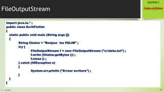 Pr. A.SADIQ
FileOutputStream
import java.io.* ;
public class EcritFichier
{
static public void main (String args [])
{
String Chaine = "Bonjour les PALIM" ;
try {
FileOutputStream f = new FileOutputStream ("c:data.txt") ;
f.write (Chaine.getBytes ()) ;
f.close () ;
} catch (IOException e)
{
System.err.println ("Erreur ecriture") ;
}
}
}
47
Gestionde fichiers
CHAPITREVI
 