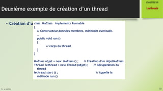 Pr. A.SADIQ
Deuxième exemple de création d’un thread
• Création d’un thread par héritage de la classe Thread
70
Lesthreads
CHAPITREVII
class MaClass implements Runnable
{
// Constructeur,données membres, méthodes éventuels
…
public void run ()
{
// corps du thread
}
}
MaClass objet = new MaClass () ; // Création d'un objetMaClass
Thread lethread = new Thread (objet) ; // Récupération du
thread
lethread.start () ; // Appelle la
méthode run ()
 