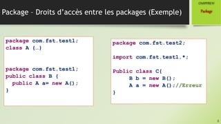 Package – Droits d’accès entre les packages (Exemple)
8
Package
CHAPITREIV
package com.fst.test1;
class A {…}
package com.fst.test1;
public class B {
public A a= new A();
}
package com.fst.test2;
import com.fst.test1.*;
Public class C{
B b = new B();
A a = new A();//Erreur
}
 