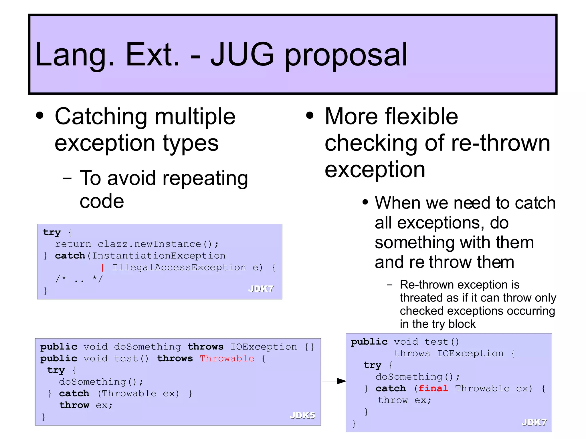 Catching multiple exception types To avoid repeating code Lang. Ext. - JUG proposal More flexible checking of re-thrown exception When we need to catch all exceptions, do something with them and re throw them Re-thrown exception is threated as if it can throw only checked exceptions occurring in the try block public  void test()  throws IOException {   try  { doSomething(); }  catch  ( final  Throwable ex) { throw ex; } } try  { return clazz.newInstance(); }  catch (InstantiationException    |  IllegalAccessException e) { /* .. */ } public  void doSomething  throws  IOException {} public  void test()  throws   Throwable  { try  { doSomething(); }  catch  (Throwable ex) } throw  ex; } JDK7 JDK7 JDK5 