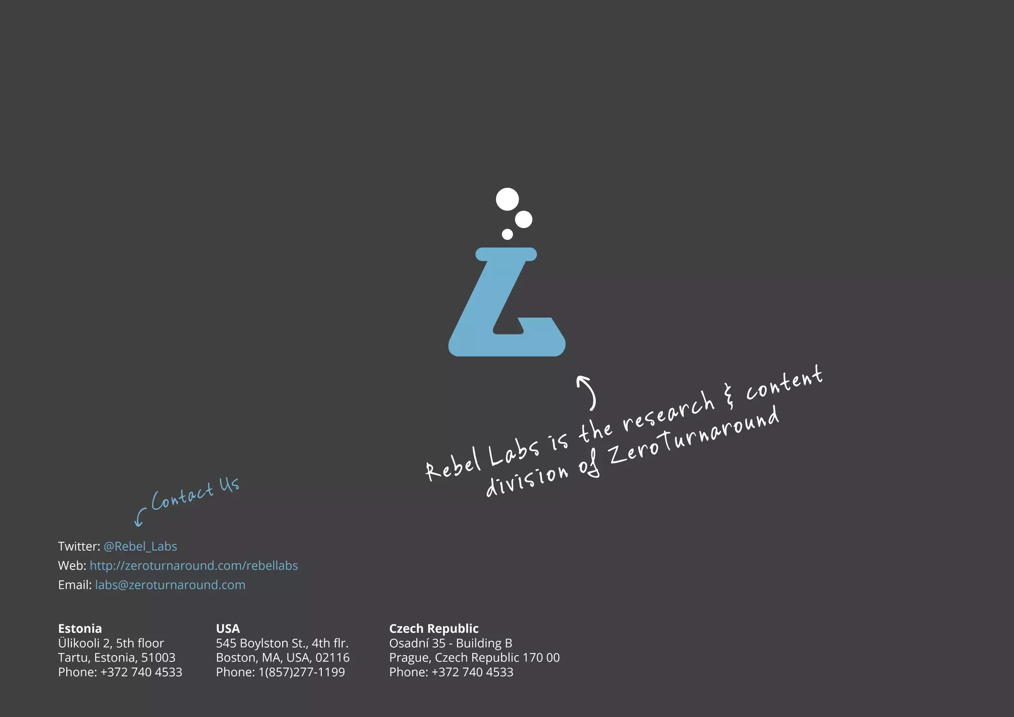 R ebel Labs is t he research & content 
divis ion of Z eroTurnaround 
Contact Us 
Twitter: @Rebel_Labs 
Web: http://zeroturnaround.com/rebellabs 
Email: labs@zeroturnaround.com 
Estonia 
Ülikooli 2, 5th floor 
Tartu, Estonia, 51003 
Phone: +372 740 4533 
USA 
545 Boylston St., 4th flr. 
Boston, MA, USA, 02116 
Phone: 1(857)277-1199 
Czech Republic 
Osadní 35 - Building B 
Prague, Czech Republic 170 00 
Phone: +372 740 4533 
All rights reserved. 2013 © ZeroTurnaround OÜ 24 
