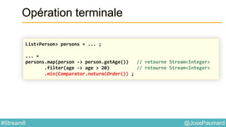 @JosePaumard#Stream8
Opération terminale
List<Person> persons = ... ;
... =
persons.map(person -> person.getAge()) // retourne Stream<Integer>
.filter(age -> age > 20) // retourne Stream<Integer>
.min(Comparator.naturalOrder()) ;
 