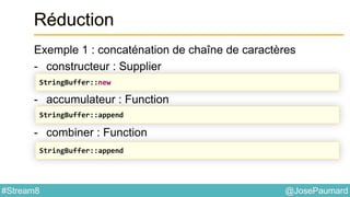 @JosePaumard#Stream8
Réduction
Exemple 1 : concaténation de chaîne de caractères
- constructeur : Supplier
- accumulateur : Function
- combiner : Function
StringBuffer::new
StringBuffer::append
StringBuffer::append
 