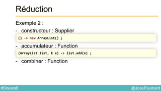 @JosePaumard#Stream8
Réduction
Exemple 2 :
- constructeur : Supplier
- accumulateur : Function
- combiner : Function
() -> new ArrayList() ;
(ArrayList list, E e) -> list.add(e) ;
 