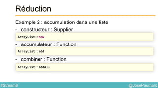 @JosePaumard#Stream8
Réduction
Exemple 2 : accumulation dans une liste
- constructeur : Supplier
- accumulateur : Function
- combiner : Function
ArrayList::new
ArrayList::add
ArrayList::addAll
 