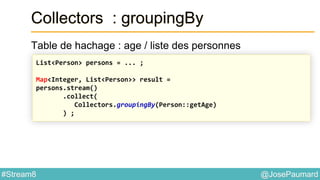 @JosePaumard#Stream8
Collectors : groupingBy
Table de hachage : age / liste des personnes
List<Person> persons = ... ;
Map<Integer, List<Person>> result =
persons.stream()
.collect(
Collectors.groupingBy(Person::getAge)
) ;
 