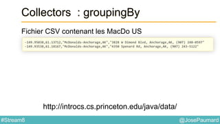 @JosePaumard#Stream8
Collectors : groupingBy
Fichier CSV contenant les MacDo US
-149.95038,61.13712,"McDonalds-Anchorage,AK","3828 W Dimond Blvd, Anchorage,AK, (907) 248-0597"
-149.93538,61.18167,"McDonalds-Anchorage,AK","4350 Spenard Rd, Anchorage,AK, (907) 243-5122"
http://introcs.cs.princeton.edu/java/data/
 
