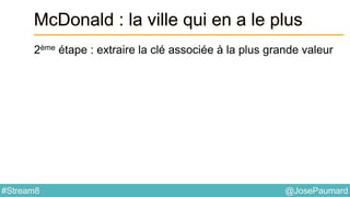 @JosePaumard#Stream8
McDonald : la ville qui en a le plus
2ème étape : extraire la clé associée à la plus grande valeur
 