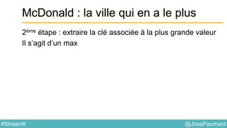 @JosePaumard#Stream8
McDonald : la ville qui en a le plus
2ème étape : extraire la clé associée à la plus grande valeur
Il s’agit d’un max
 